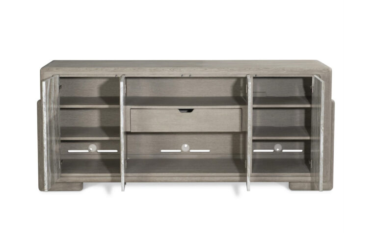 Arcadia modern entertainment credenza with open doors and shelving.