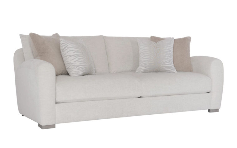 Side angle of beige fabric sofa