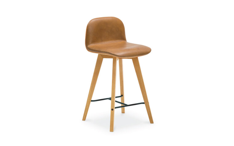 Napoli contemporary counter stool in Tan leather with oak legs