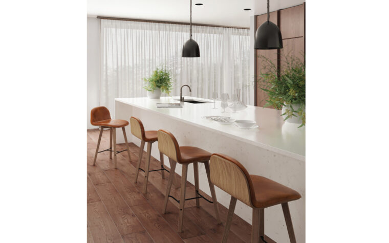 Four Napoli contemporary counter stool in Tan leather in a contemporary kitchen