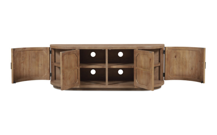 Nicola media cabinet with open doors.