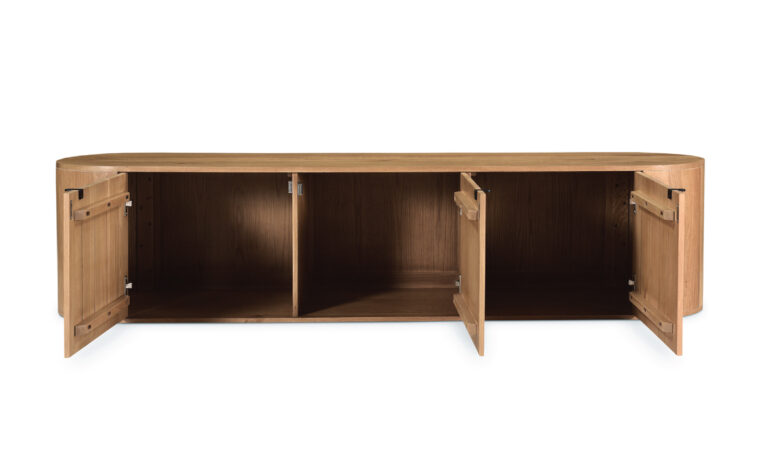 Theo oak wood media console from Moe's Home Collection with three cabinet doors open