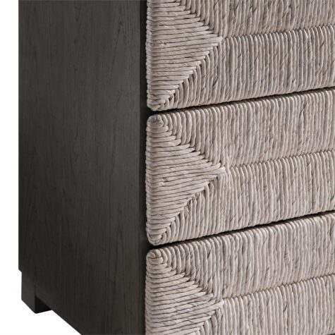 Woven drawer front details of modern organic nightstand with USB charging from Bernhardt