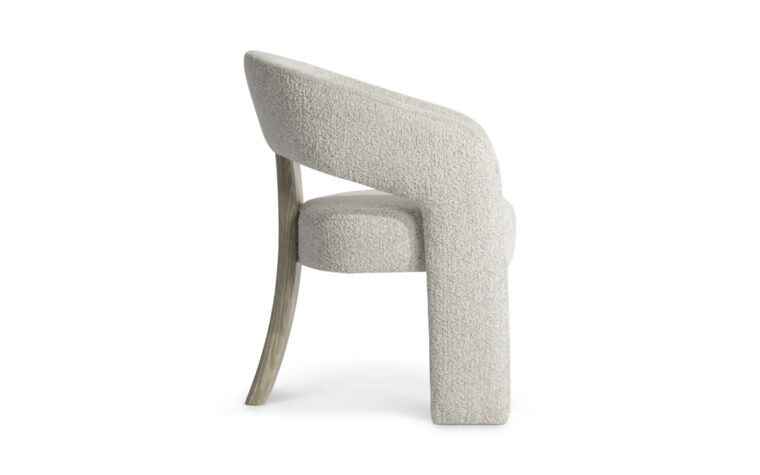 Modern exposed back arm chair with fabric and wooden post backing