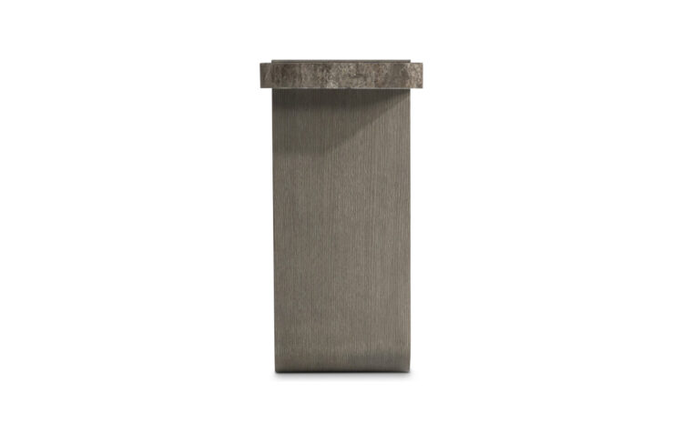 Wooden base side view of the Azzura console table with a stone top.
