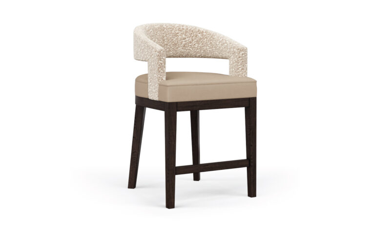 Custom fabric and leather counter stool by Vogel with a curved back.
