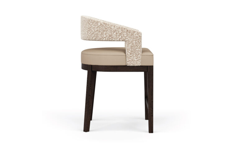 Side view of the Zayn curved back counter stool with wooden legs.