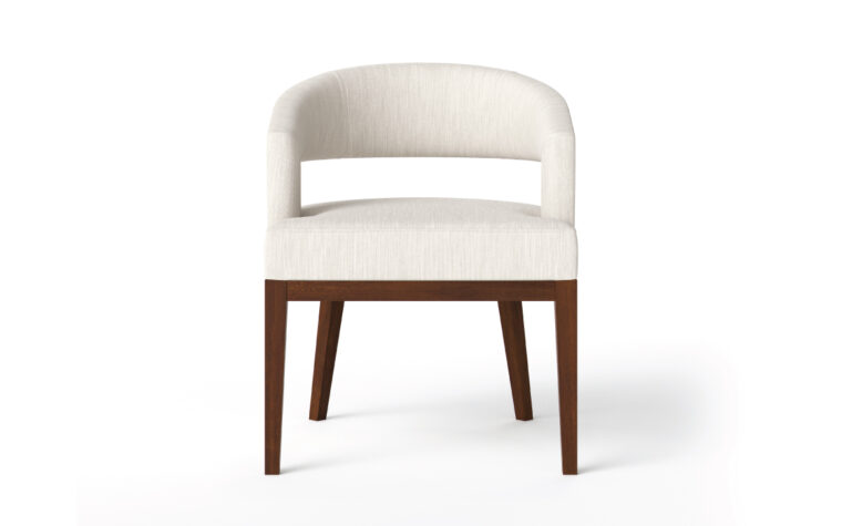 The front view of the Curved back chair known as the Zayn by Vogel in custom white fabric.