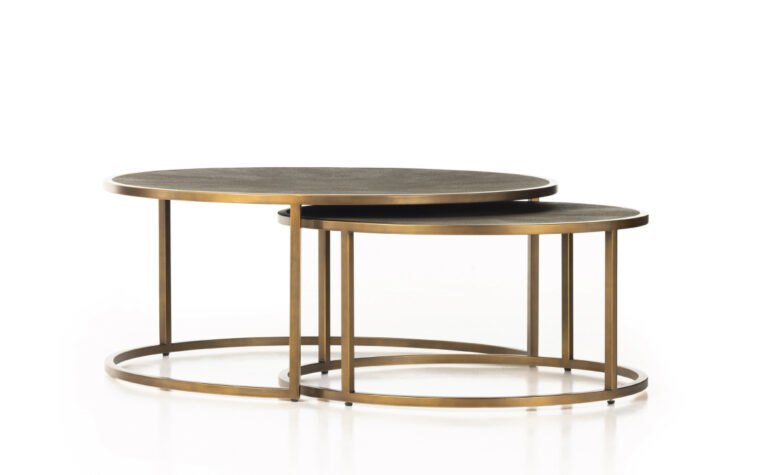 faux grey shagreen nesting coffee tables by Four Hands.