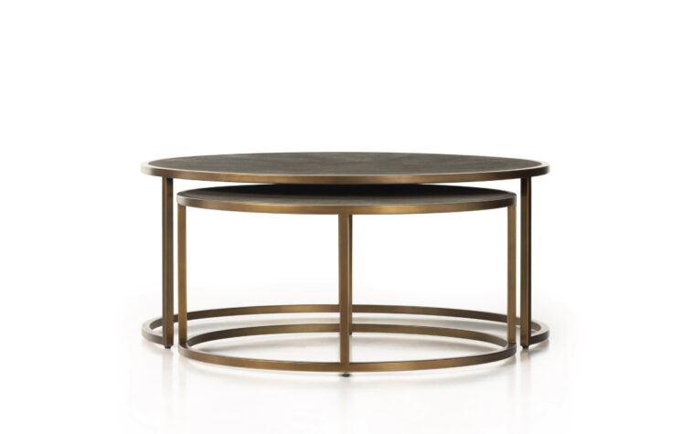 faux grey shagreen nesting coffee tables with antique brass finish,