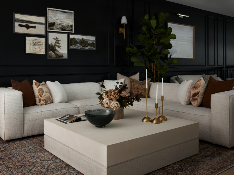 white custom bernhardt sectional against a black wall in our elmira furniture showroom