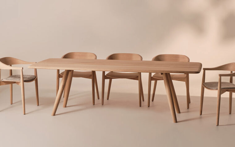 the bertanie custom white oak urban dining table in a room setting the long version