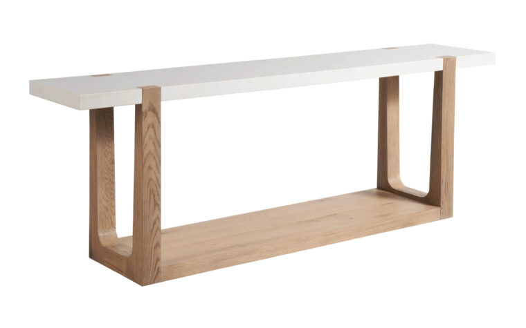 Modern console table in Canada with oak base and stone top from Universal Furniture