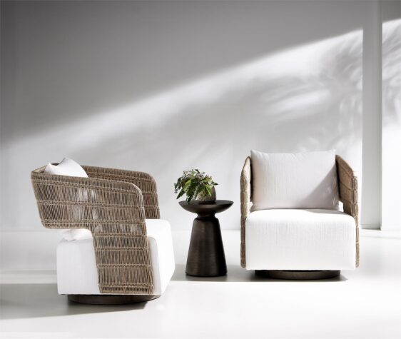 outdoor swivel chair in white fabric with brown accents by bernhardt