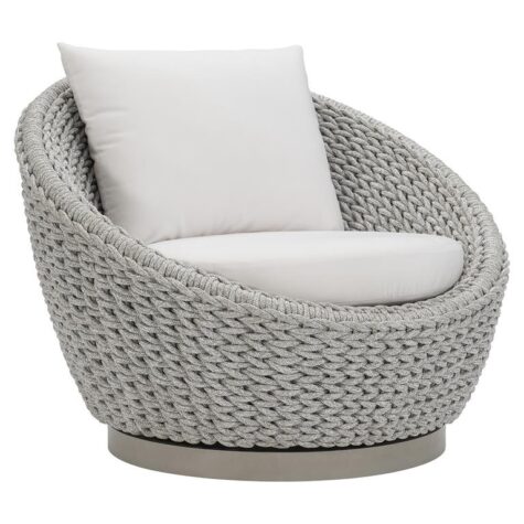 the savaii outdoor swivel chair with a grey rope back and white cushions front view