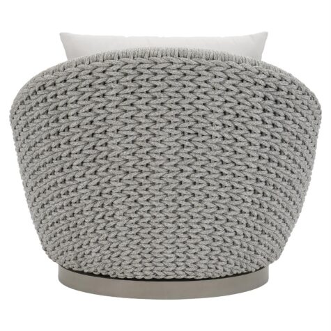 the savaii outdoor swivel chair with a grey rope back and white cushions back view