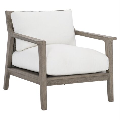 ibiza outdoor accent chair with teak and rope back with white cushions