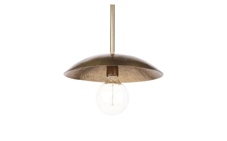 gold hammered pendant light with open b ulb