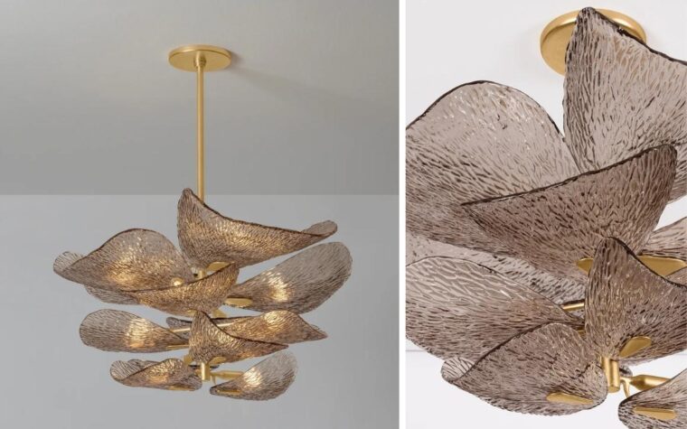 beautiful glass chandelier with layers to look like a flower with gold accents