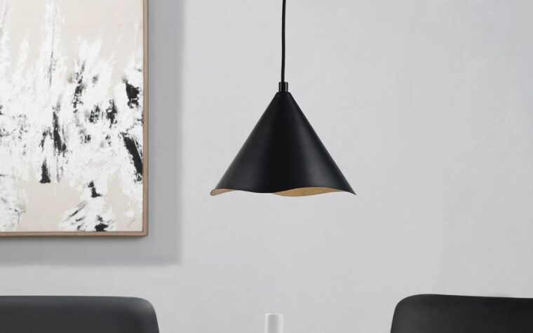 close up detail of black and gold ceiling pendant