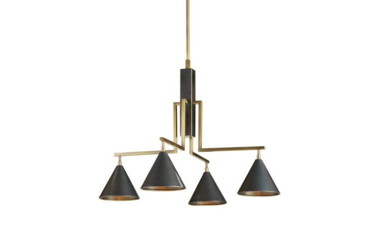contemporary chandelier with black and gold and geometric shapes
