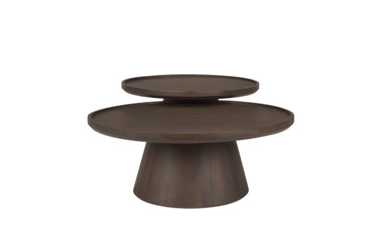 two round coffee tables that nest together to make a larger table