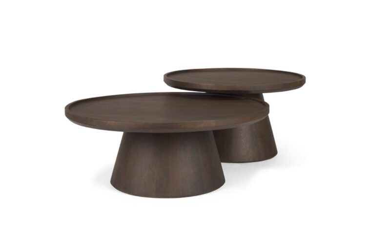 two nesting round cocktail tables in a dark wood stain