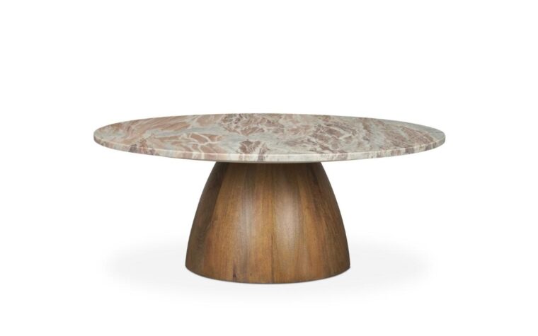 a round cocktail table with wood base and pink marble top