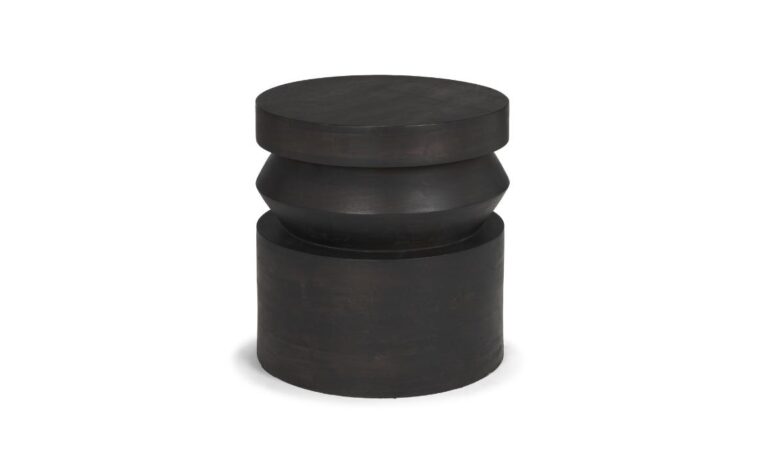black accent table with layers and geometric shapes