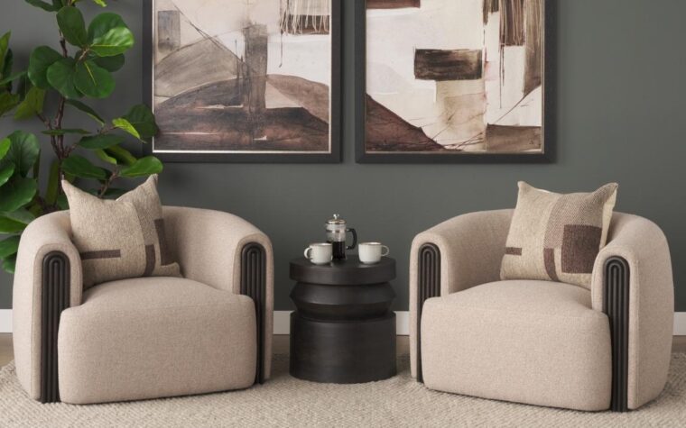 contemporary living room in dark brown with a accent table that is round