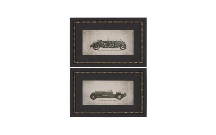two vintage car prints in black frames for wall art