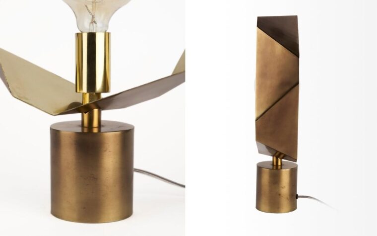 detail shots of a metal table lamp that has an exposed bulb and gold colour finish
