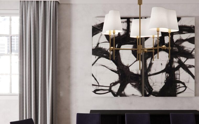 a room shot of a chandelier with 6 lights in a black and grey dining room