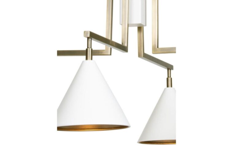 modern white and gold chandelier with cone shaped light shades