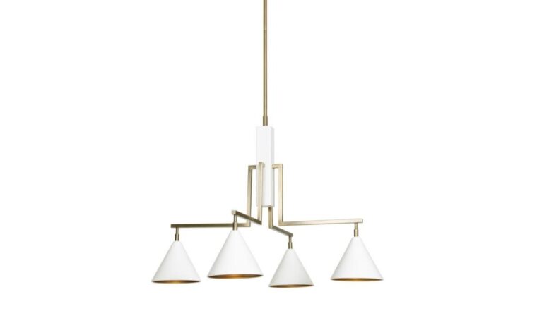 modern white chandelier with 4 lights and squared off geometric shape