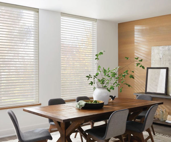 alta blinds in a dining room with two large windows