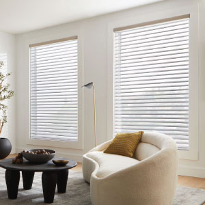 alta white blinds in a living room on a large patio wall