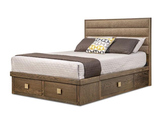 Belmont Solid Wood Bed Frame with upholstered headboard and storage drawers made in Canada by Handstone