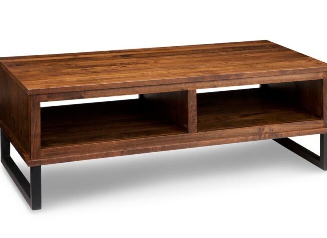 Solid wood coffee table with metal base