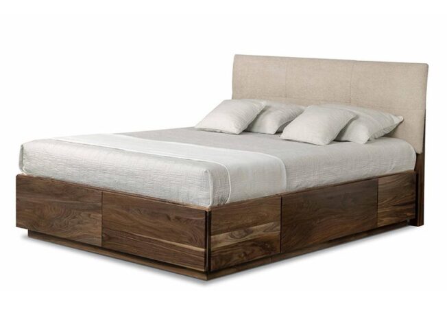 Solid wood bed frame with storage drawers and upholstered headboard