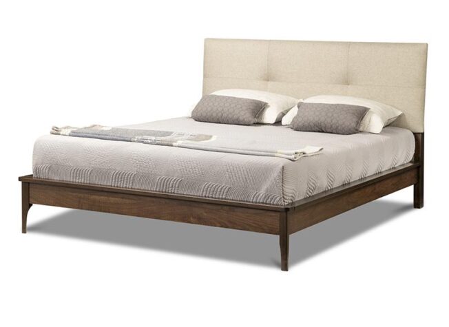Solid wood bed frame with upholstered headboard made in Canada