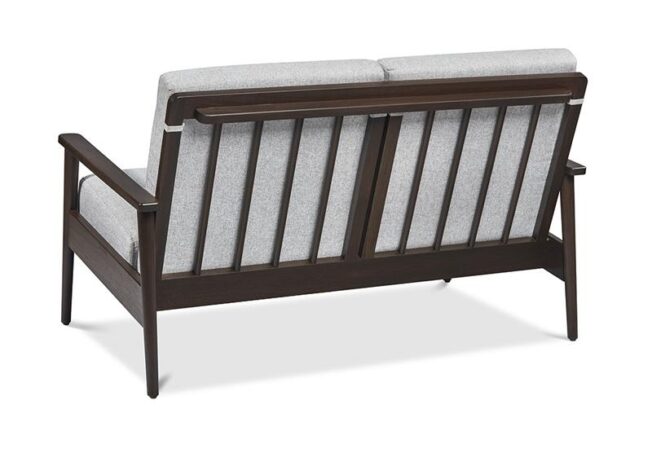 mid-century modern exposed wood frame loveseat with vertical wood slatted back