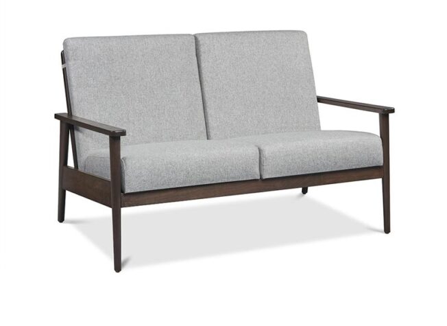 mid-century modern exposed wood frame loveseat made in Canada from Handstone