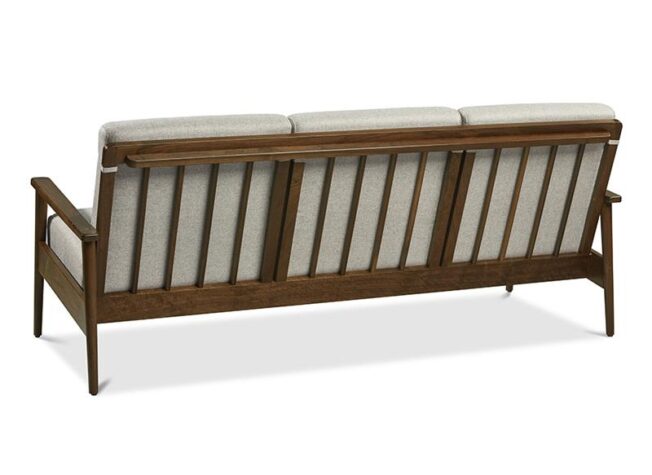 mid-century modern exposed wood frame sofa with vertical wood slatted back