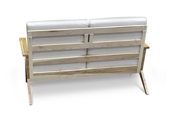 Exposed wood frame loveseat with exposed horizontal slats on the back
