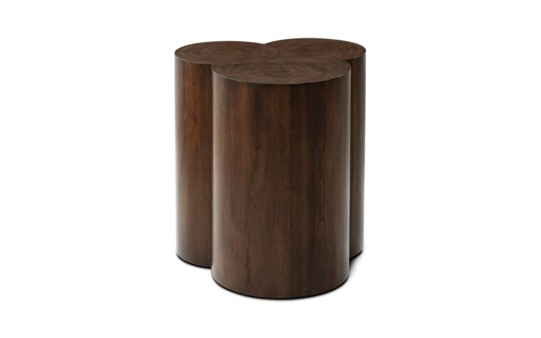 a rich walnut, clover shaped end table in solid wood by theodore alexander