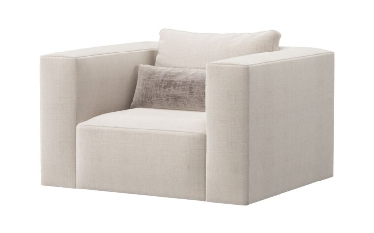 the modern estelle chair by Theodore Alexander in a white fabric with deep seat and wide arms
