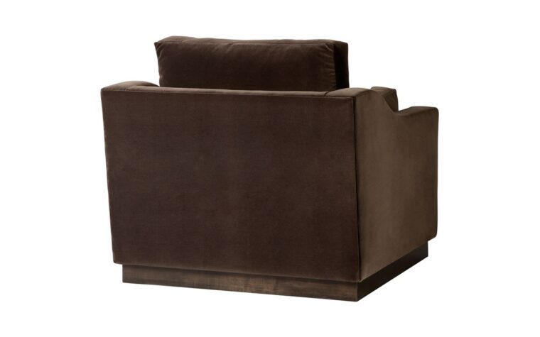 back view of the plinith club chair in a dark brown velvet with dark brown stained base by theodore alexander