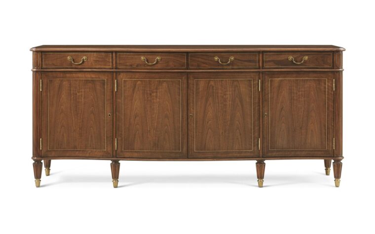 a beautiful, tranditional side board with 4 doors and 4 drawers and gold hardware by theodore alexander