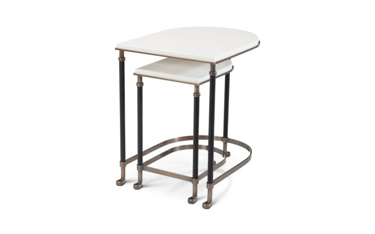 the torrance nesting tables with metal base and a beautiful stone white top by theodore alexander